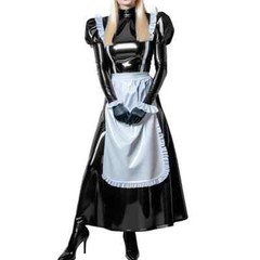 Elegant Long Sleeve Glossy PVC Maid Uniform Halloween Party Dress Sets