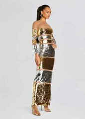 NEW NWT $1198 RETROFETE « Desi » silver & gold & nude mesh maxi dress sz M