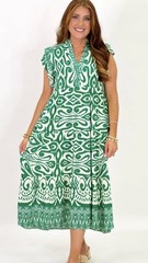 Umgee Dress Green Batik Print Medium Short Sleeve V-Neck