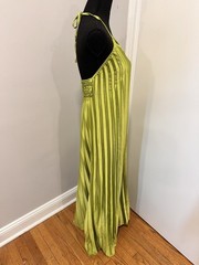 Joy Italian Halter Tie Neck Pleated lime green satin fabric Flowy Maxi Dress
