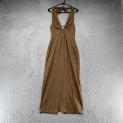 Zara Maxi Dress Womens M Brown Linen Halter Backless Ring Front Beach Boho