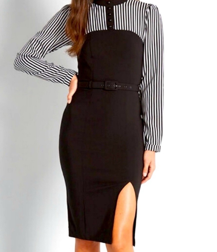 NWT Collectif Zelda Pencil Dress 6 Black White Striped Belted Retro Halloween