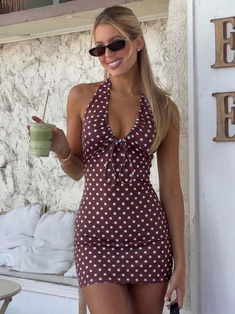 Women&rsquo;s Polka Dot Halter Mini Dress Backless Lace Up Summer Dress