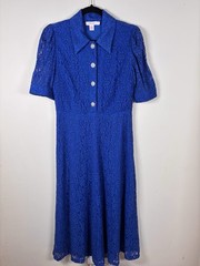 Finery Size UK 10 Royal Blue Lace Midi Dress Button Detail Collared