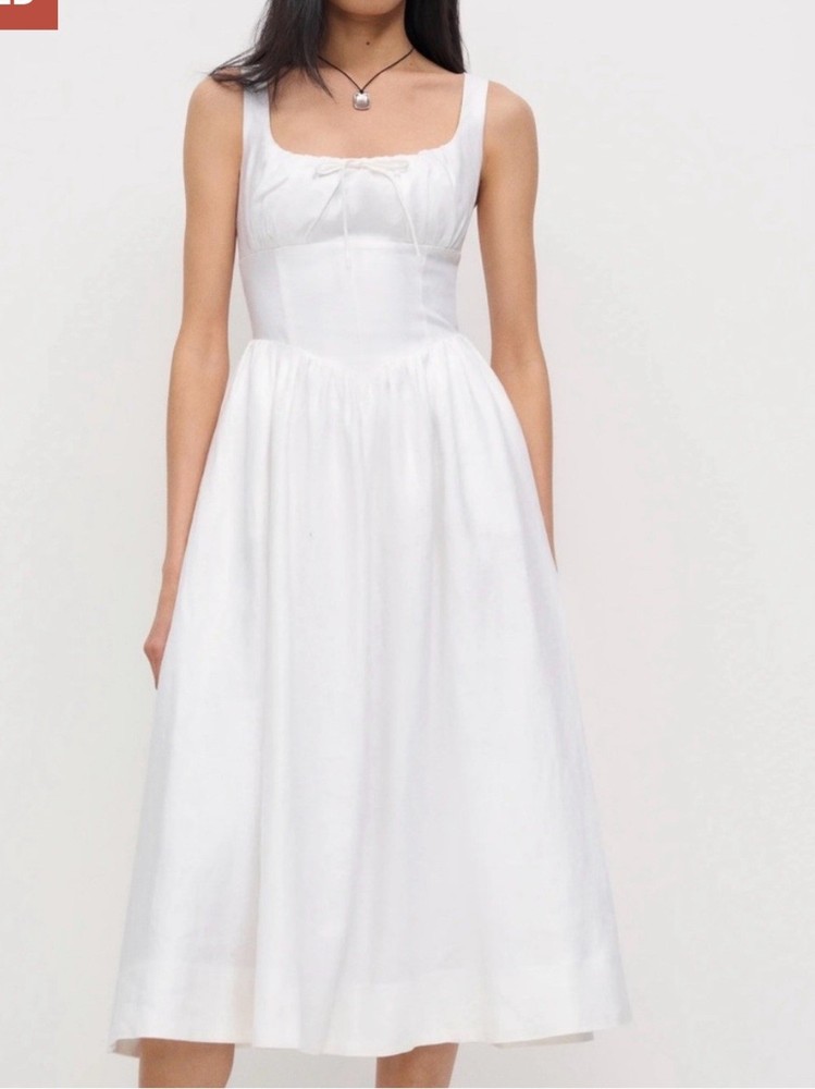 Reformation White Square-Neck Midi Dress Gathered Skirt Balia Linen Dress 16