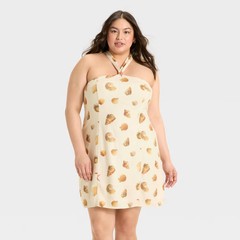Women Knotted Y-Neck Linen Mini A-Line Dress – Wild Fable Off-White XXL