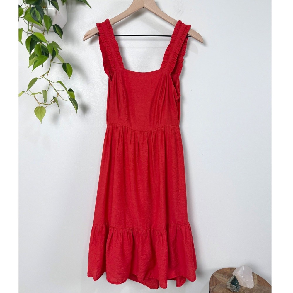 Joy Joy Red Ruffle Strap Tie Back Tiered Midi Dress Viscose Women XS/S