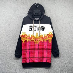 Versace Jeans Couture Hoodie Dress Womens XXS Baroque Plaid Chain Drawstring