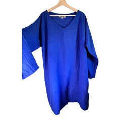 FLAX 100% Linen Dress Large (14-18) Royal Blue Lagenlook Pockets Pullover V-Neck