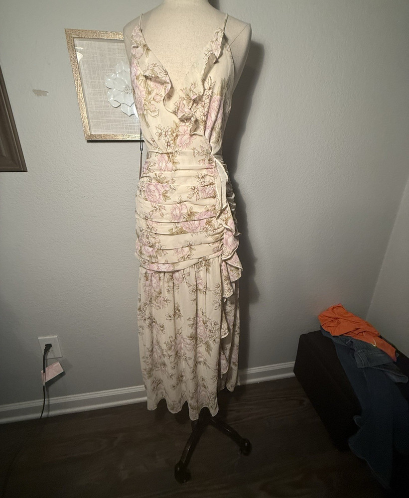 ASTR the Label Ivory Pink Floral Ruched Ruffle V-Neck Maxi Dress Women M Bridal