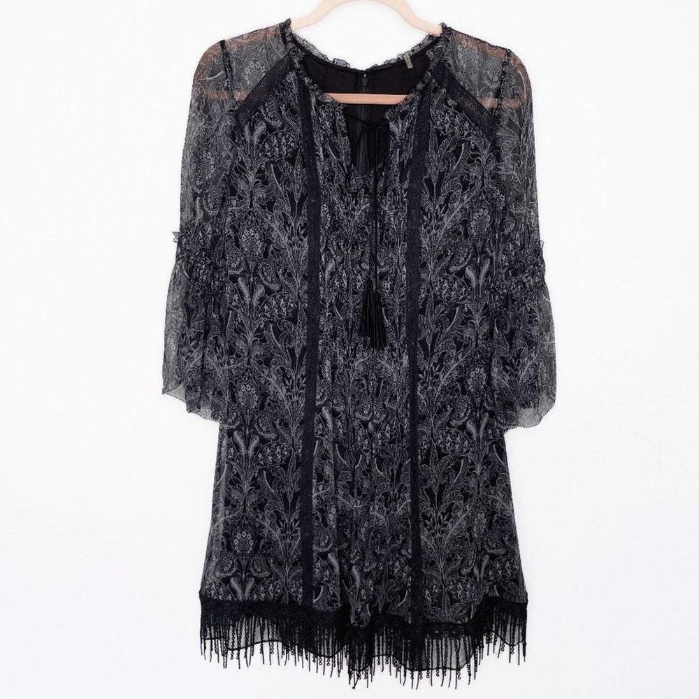 Elie Tahari Gothic Paisley Floral Long Bell Sleeve Silk Fringe Mini Dress 6