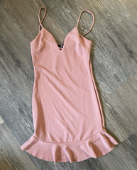 Material Girl Pink Solid V-Neck Strappy Bodycon Mini Dress Ruffle Hem, Size S