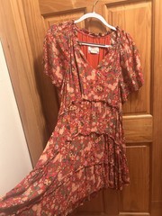 Anthropologie Orange Floral V-Neck Flutter Sleeve Ruffle Midi Dress L