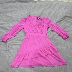DKNY Pink Chiffon V-Neck Puff Long Sleeve Smocked Ruffle Knee Dress XL