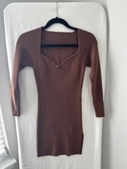 Long Sleeve Mid-Thigh Knit Brown Dress for Fall Women