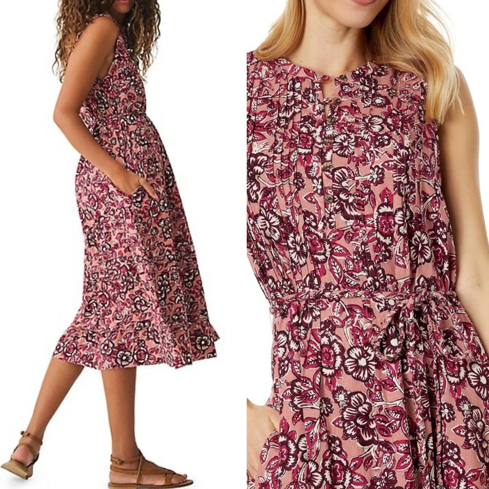FAHERTY DRESS M ISHA LINEN FLORAL MIDI PINK COTTAGECORE MILKMAID FALL BOHO