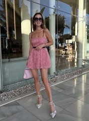 New Zara Iconic Pink 3D Floral Poof Dress With Black Belted Sash Sz: L