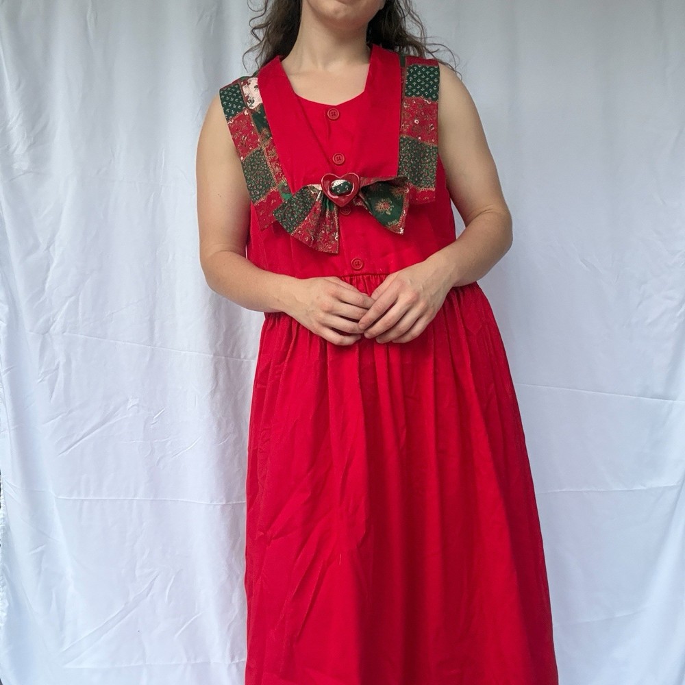 Vintage Handmade Red Dress Patchwork Bow Heart Cottagecore Prairie