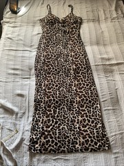 New NO COMMENT Medium Animal Print Stretch Lined Dress Side Slit CUTE gold