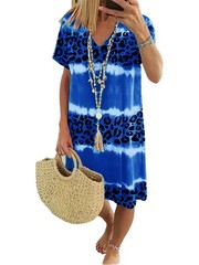 Womens Leopard Casual Boho Summer Dress Ladies Tie Dye Print Loose Sun Dresses
