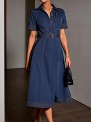 Vintage Inspired Blue Midi Shirt Dress | Elegant Collared Button Front Belted M