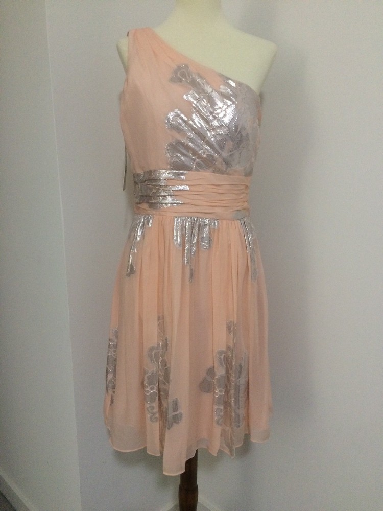 NWT Eliza J Light Pink Chiffon Silver Foil Detail One Shoulder Dress 8 NEW!