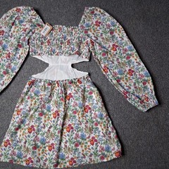 Vestique Floral Mini Dress S NWT 100% Cotton Off Shoulder Cut Out Waist Ruffle
