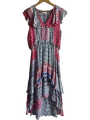 Parker Ruffle Sleeveless Mixed Print Red Blue Dress Hi Lo V-Neck Size Small Red