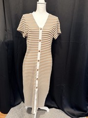 BTFBM Brown White Striped Knit Button Front V-Neck Midi Bodycon Dress M