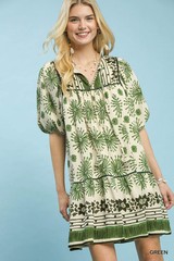 Umgee Green Multi Medallion Print Dress Peasant Silhouette Coordinating Border