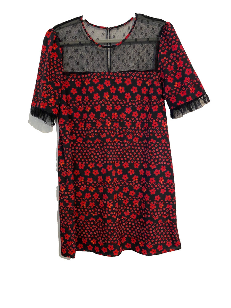 BCB Generation Dress Women L Red & Black Floral with Lace Detail Cottage Fairy