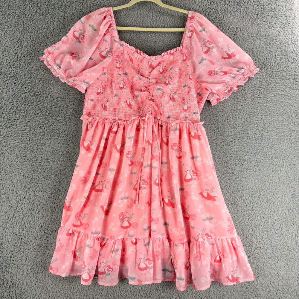 Disney BoxLunch Alice in Wonderland Dress Women 3X Pink Smocked Puff Sleeve Mini