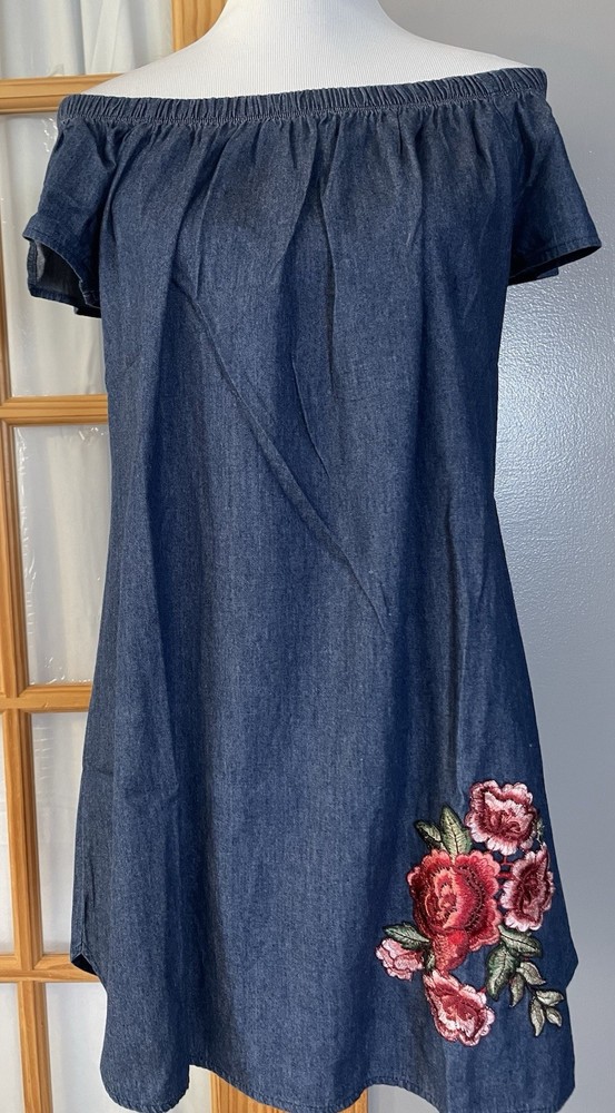 90s Wrapper Off The Shoulder Mini Dress Sz L Blue Cotton Floral Embroidery City