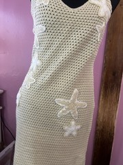 Beige Solid Crochet Halter Tie Back Starfish Applique Maxi Dress, One Size