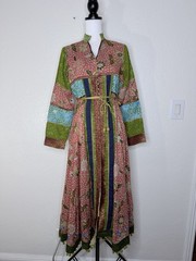 Exotic Boho J. Peterman Silk Quilt Patch Dress Gold Waist Tie Button Colorful 10