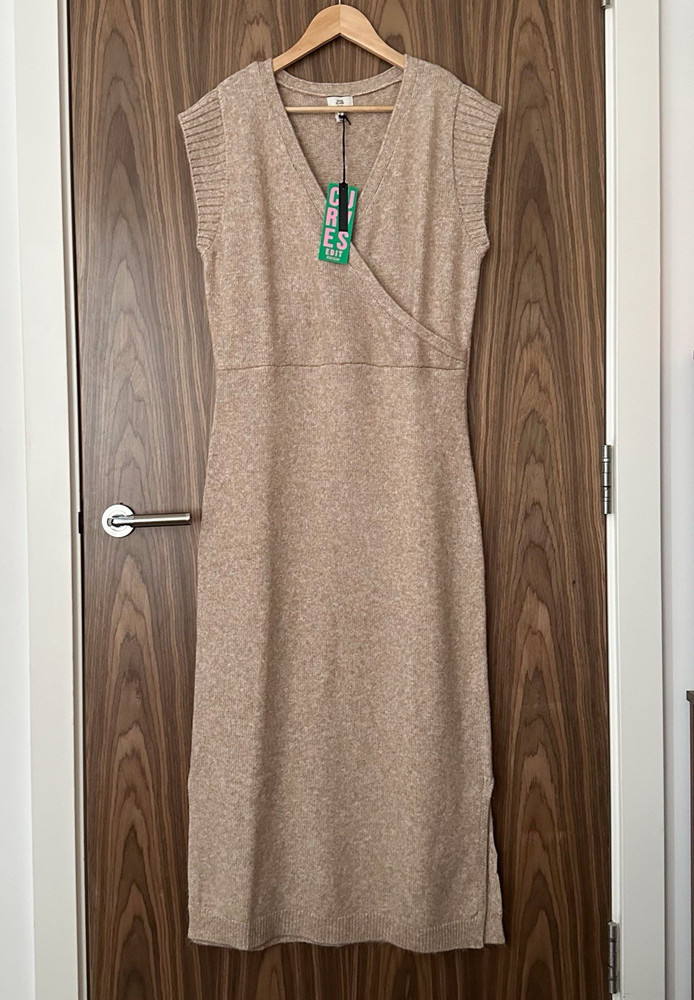 River Island Beige Knitted Wrap Sleeveless V Neck Side Split Midi Dress XL NEW