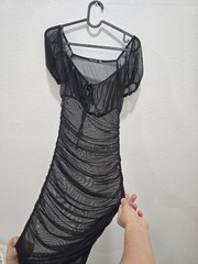 Nasty Gal Black Mesh Ruched Bodycon Mini/ Midi Dress Square Neck Puff Sleeve UK