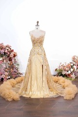 Gold Rhinestone Neck Detachable Ruffled Overskirt Prom Gown