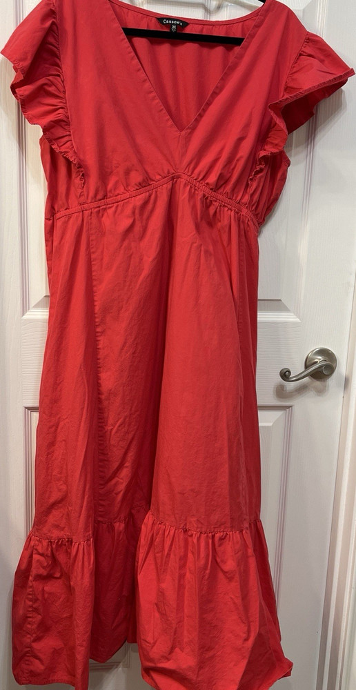 Women’s Plus 3X Red Solid Cotton V-Neck Ruffle Flutter Maxi Dress Summer Cottage
