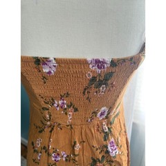 American Eagle Floral Button Front Mini Dress Mustard Yellow XS Smocked Back
