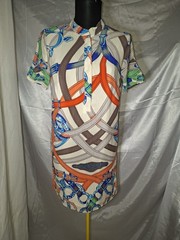 Silk Chain Print Shift Dress Beige Orange Blue Short Sleeve Mini