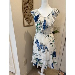 DKNY White Blue Floral Ruffle V-Neck Midi Dress Size 0 Burnout Flutter Sleeve