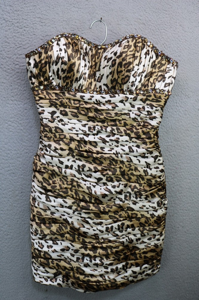 Cassandra Stone Strapless Beaded Leopard Print Bodycon Mini Dress-Sz 8-Designer