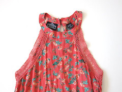 Angie 100% Rayon Pink Green Rose Floral High Neck Tunic Tank Sun Dress Small