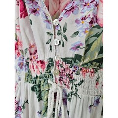 Floral Maxi Dress White Green Pink Rose Floral Boho Smocked Waist Medium