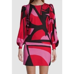 ONE33 SOCIAL GEO-PRINTED BALLOON SLEEVE SHIFT DRESS IN RED SIZE 6