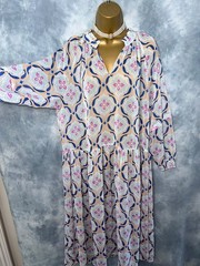 New TU Blue Pink Print Long Sleeve Flowy Long Chiffon Dress Size 14 Summer Beach