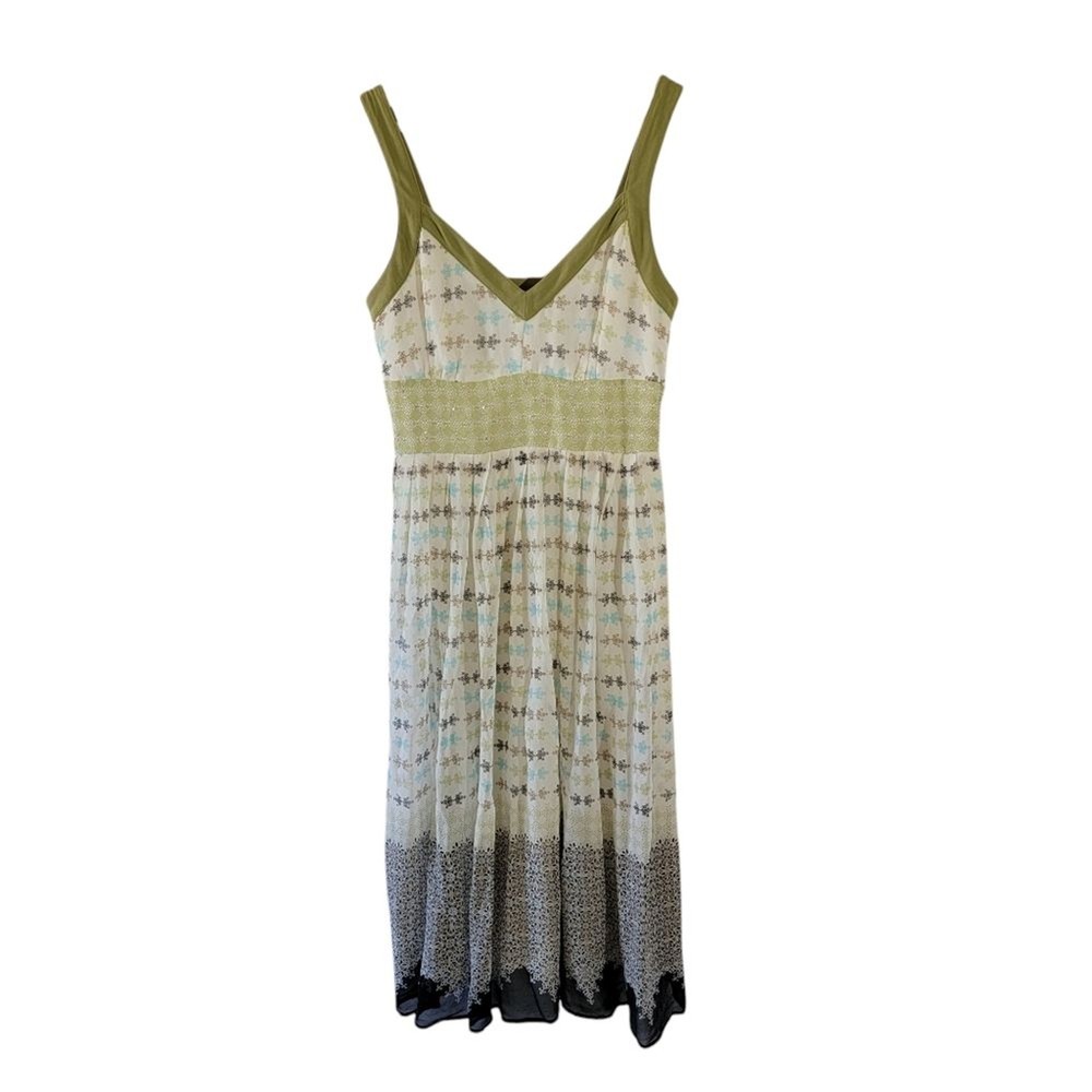 Robbie Bee Green Mix Print 100% Silk Sleeveless Midi Dress Sz 6 Quite Luxury