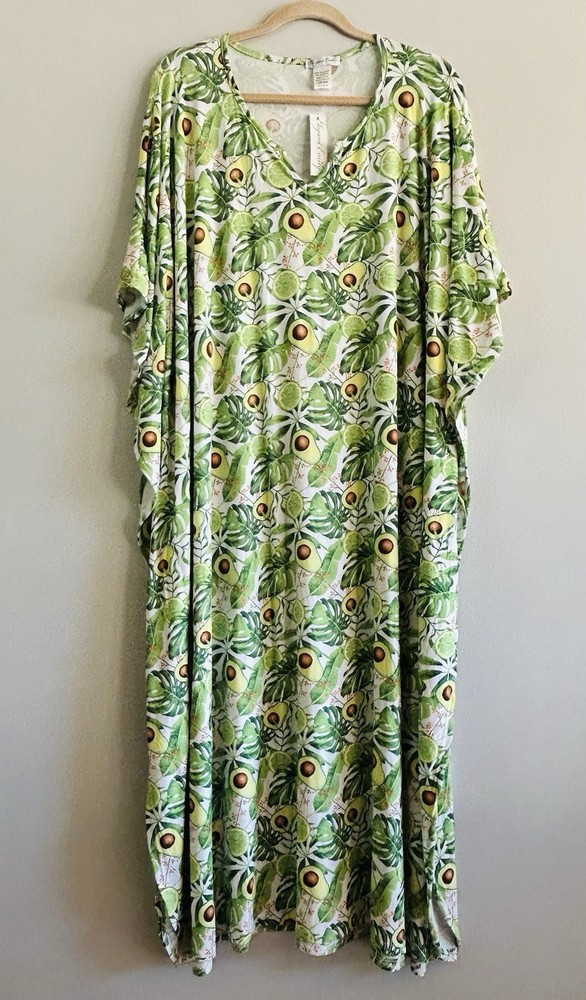 1X/2X/3X Green White Avocado Lime Print Kaftan Knit Beach Cover Dress Nightgown