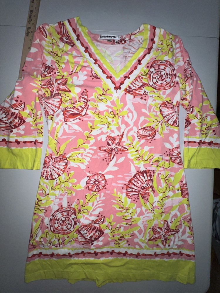 Barbara Gerwit Dress Womens XL 3/4 Sleeve Pink Beach Ocean Shell Print Stretch